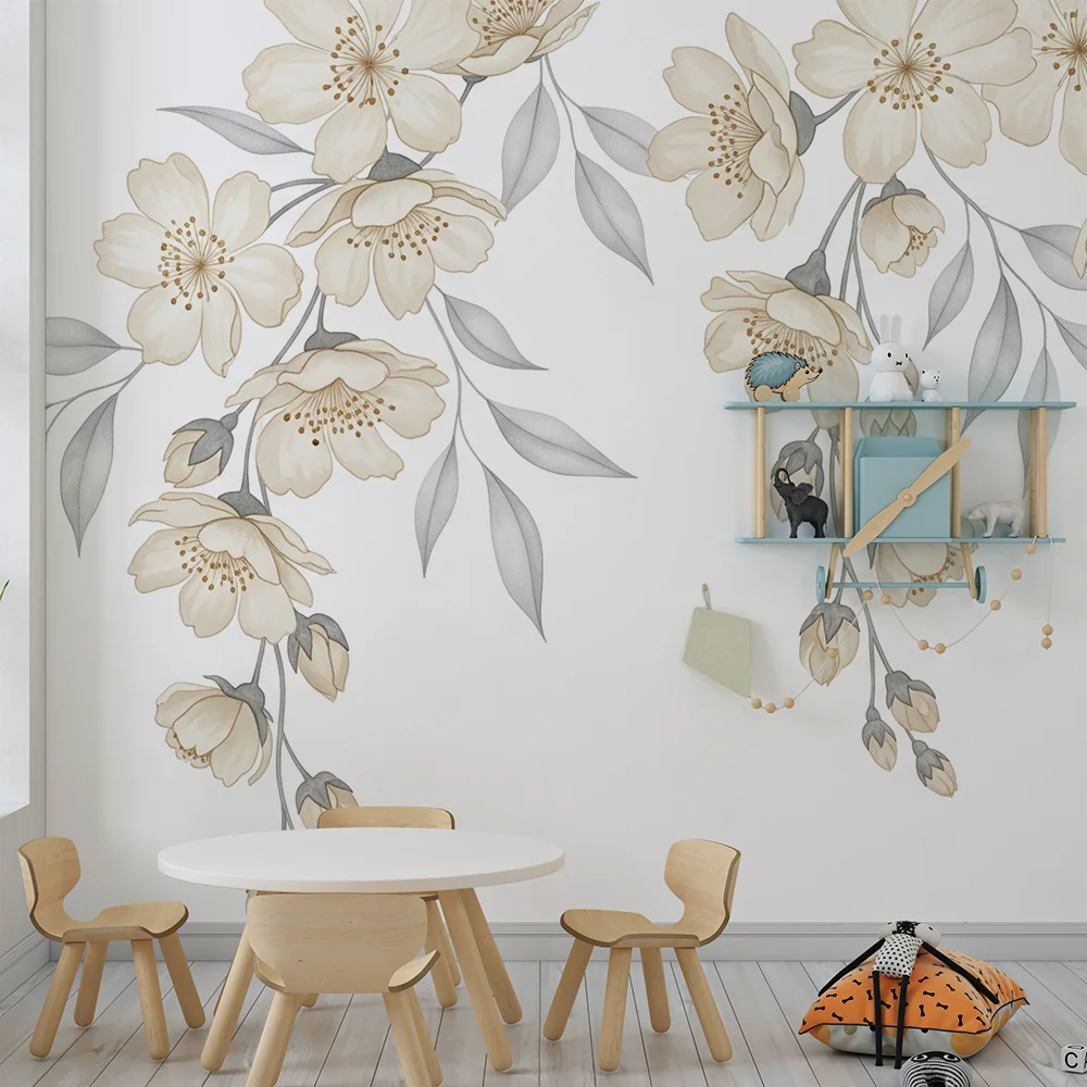 Papel de parede quarto bebê | Delicadas flores e folhagem suave em tons neutros