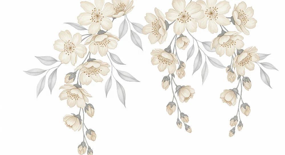 Papel de parede quarto bebê | Delicadas flores e folhagem suave em tons neutros