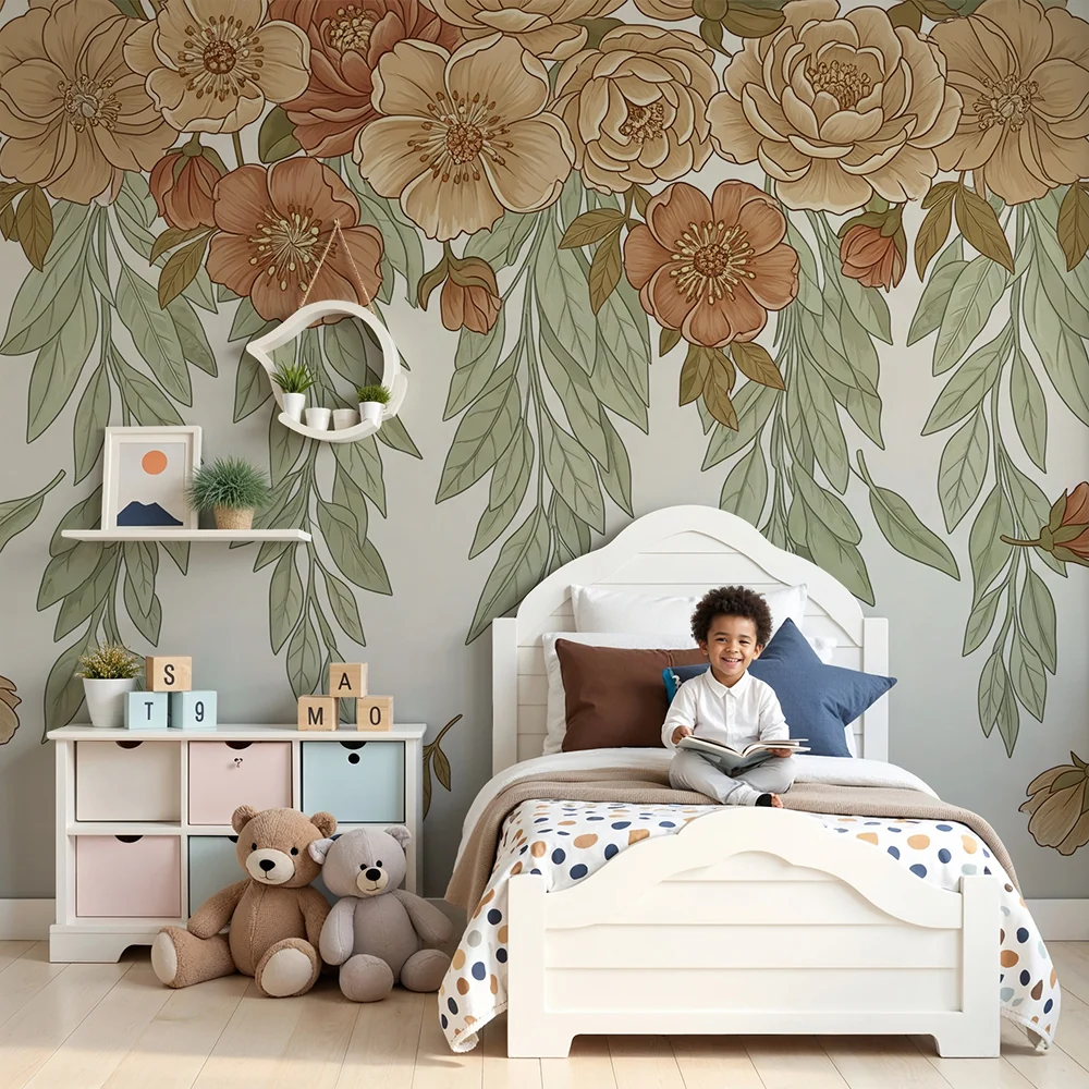 Papel de parede quarto bebê | Delicadas flores e folhagem calmante