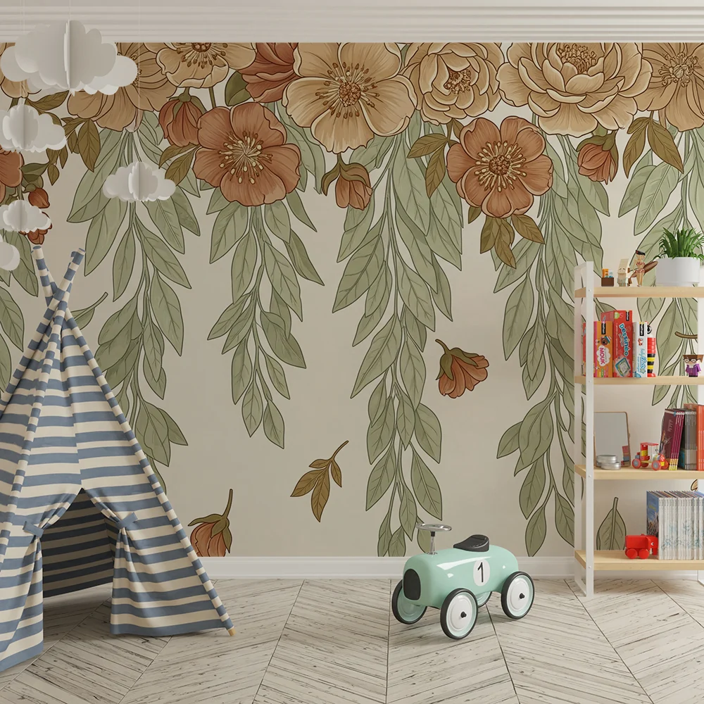 Papel de parede quarto bebê | Delicadas flores e folhagem calmante