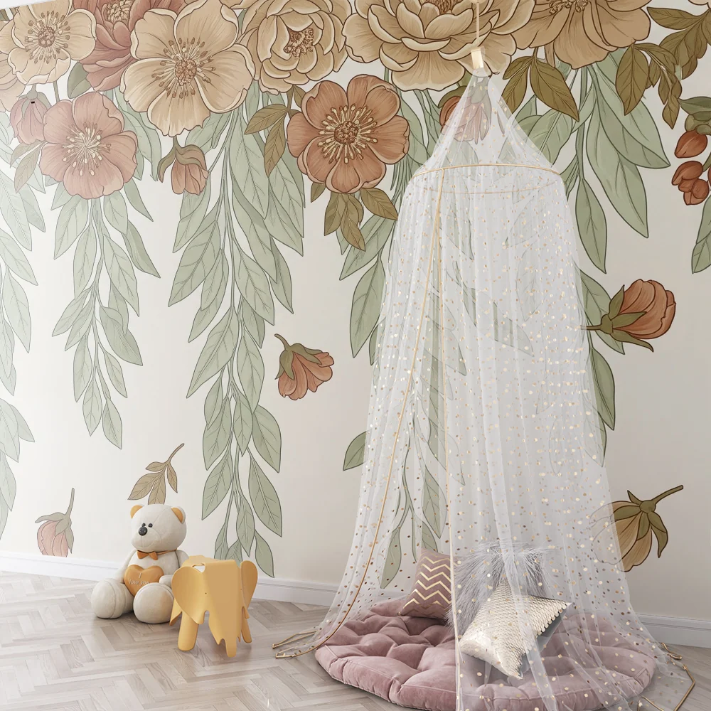 Papel de parede quarto bebê | Delicadas flores e folhagem calmante