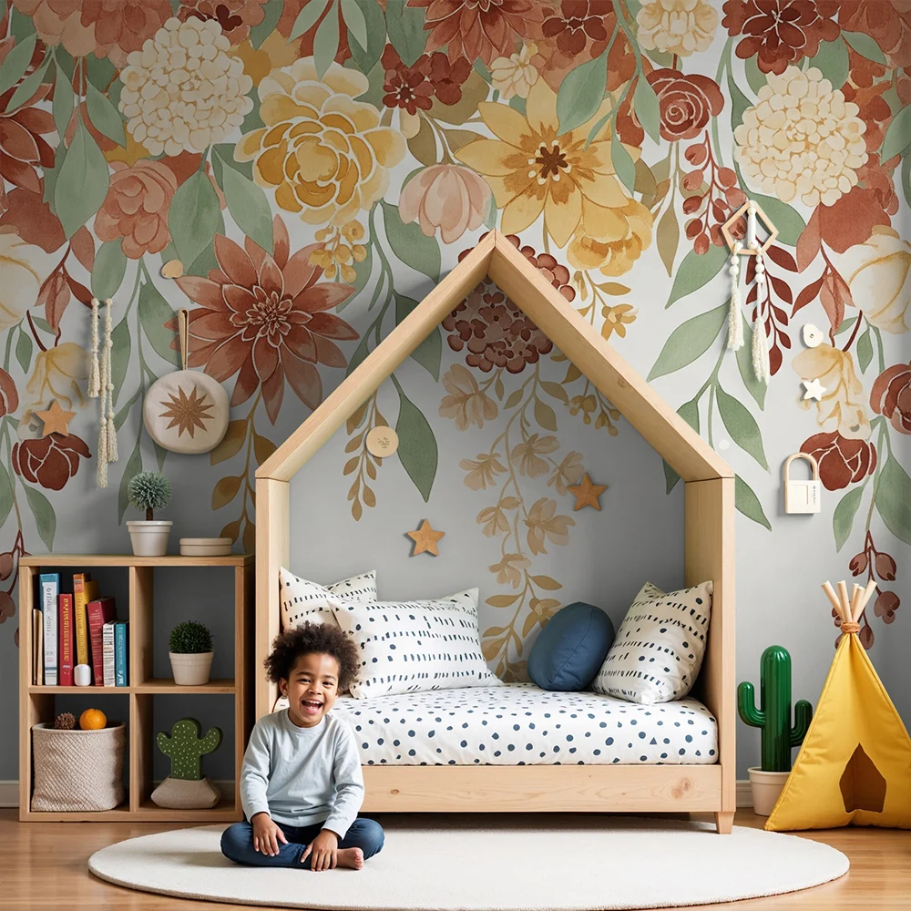 Papel de parede quarto bebê | Delicadas flores em tons outonais