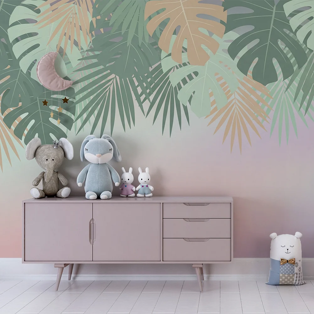 Papel de parede quarto bebê | Delicadas folhas tropicais