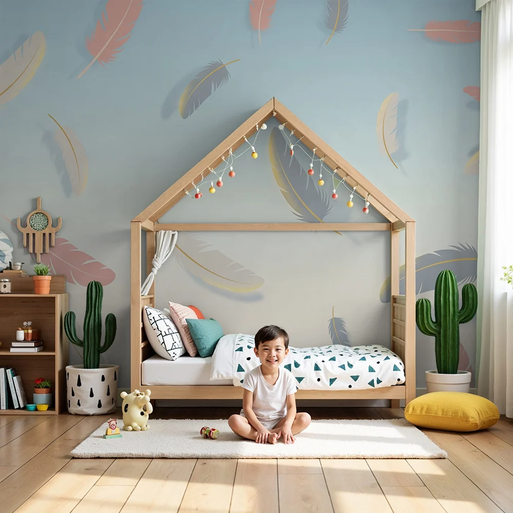 Papel de parede quarto bebê | Delicadas penas em fundo pastel