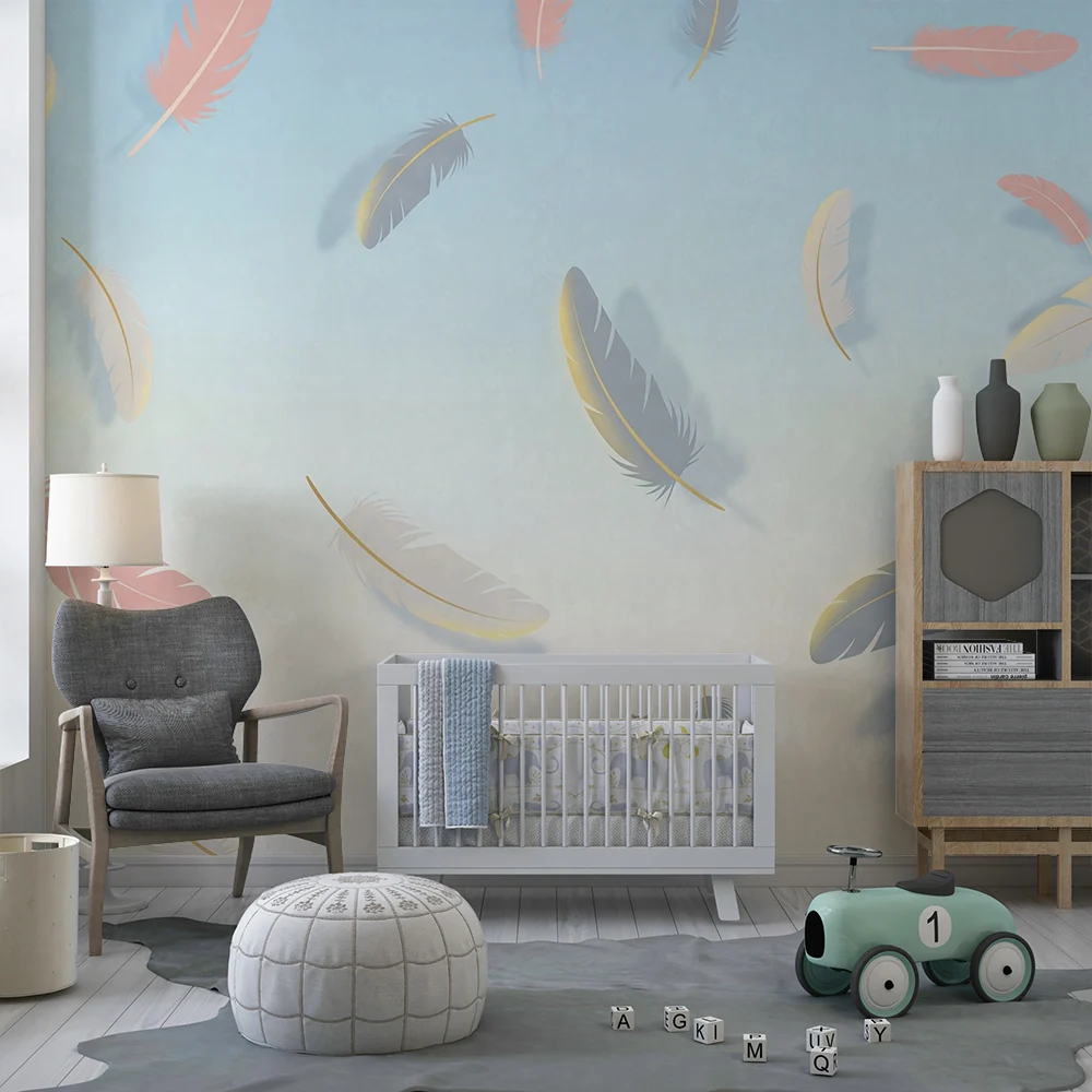 Papel de parede quarto bebê | Delicadas penas em fundo pastel