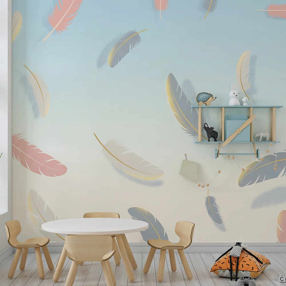 Papel de parede quarto bebê | Delicadas penas em fundo pastel
