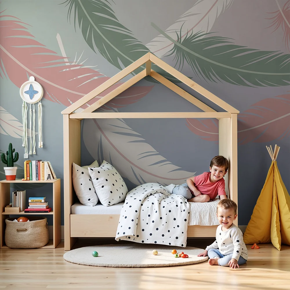 Papel de parede quarto bebê | Delicadas penas em tons pastel