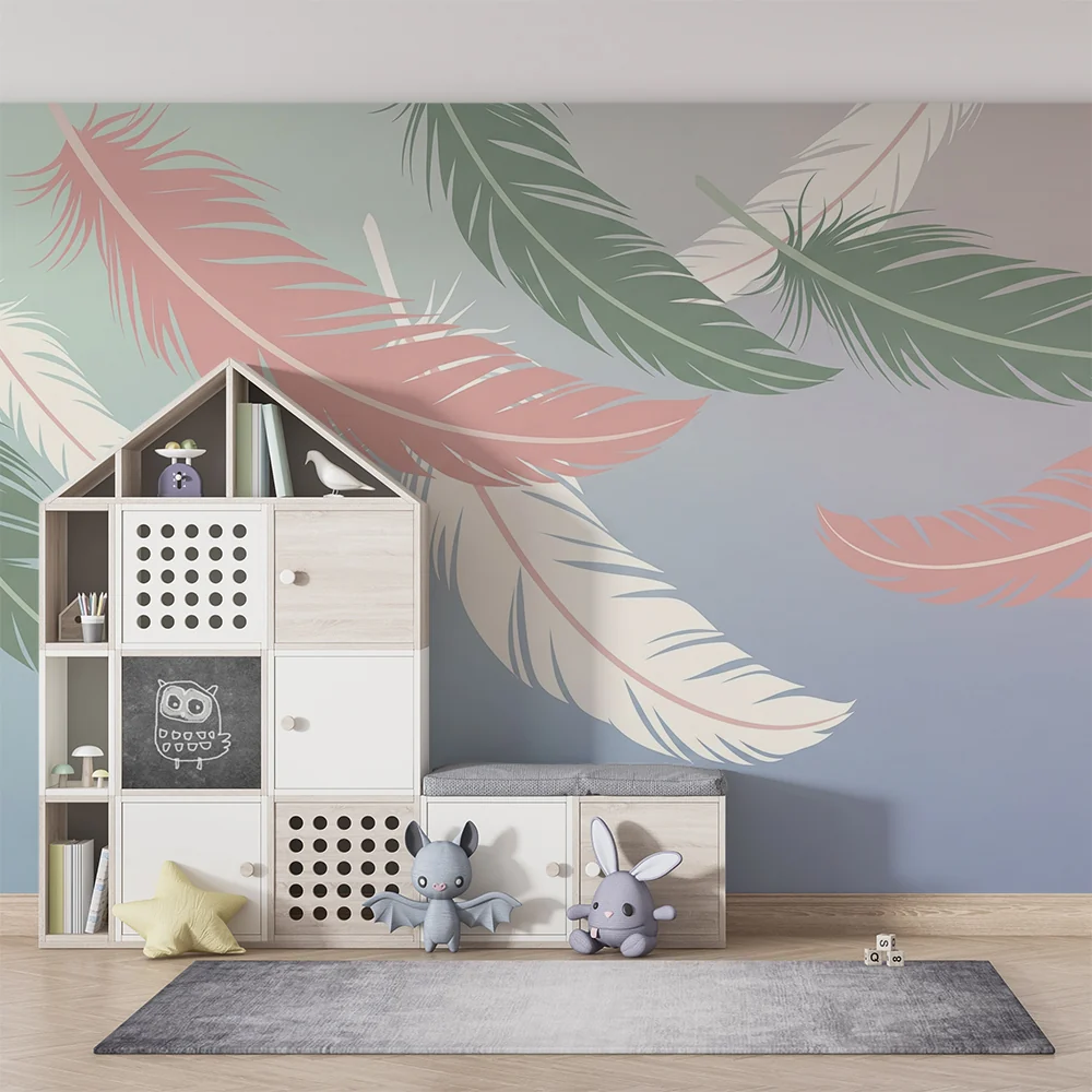 Papel de parede quarto bebê | Delicadas penas em tons pastel