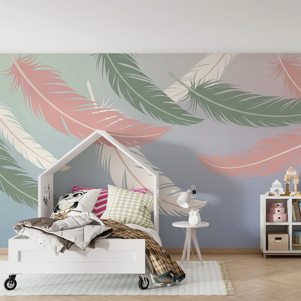 Papel de parede quarto bebê | Delicadas penas em tons pastel