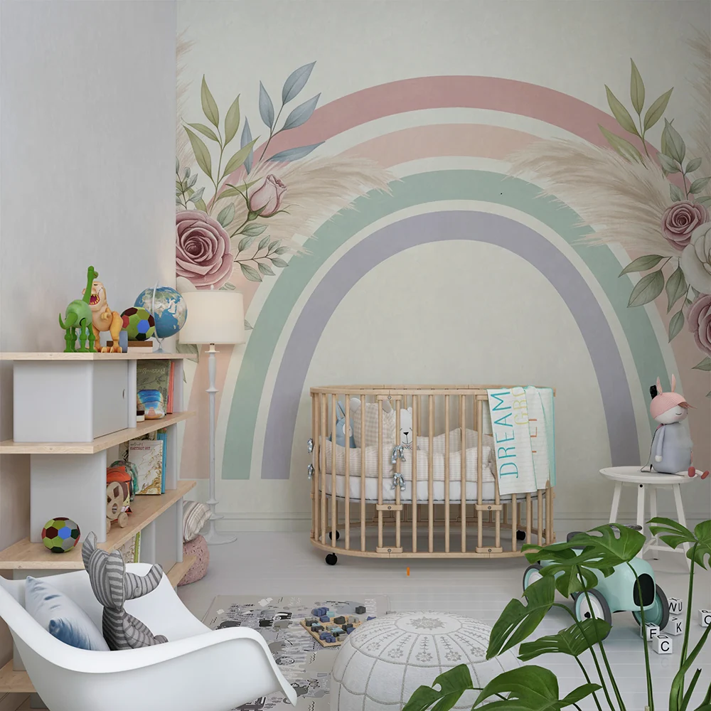 Papel de parede quarto bebê | Delicado arco-íris com flores e folhagem