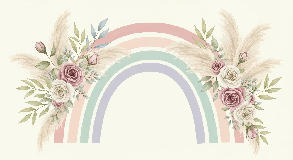 Papel de parede quarto bebê | Delicado arco-íris com flores e folhagem