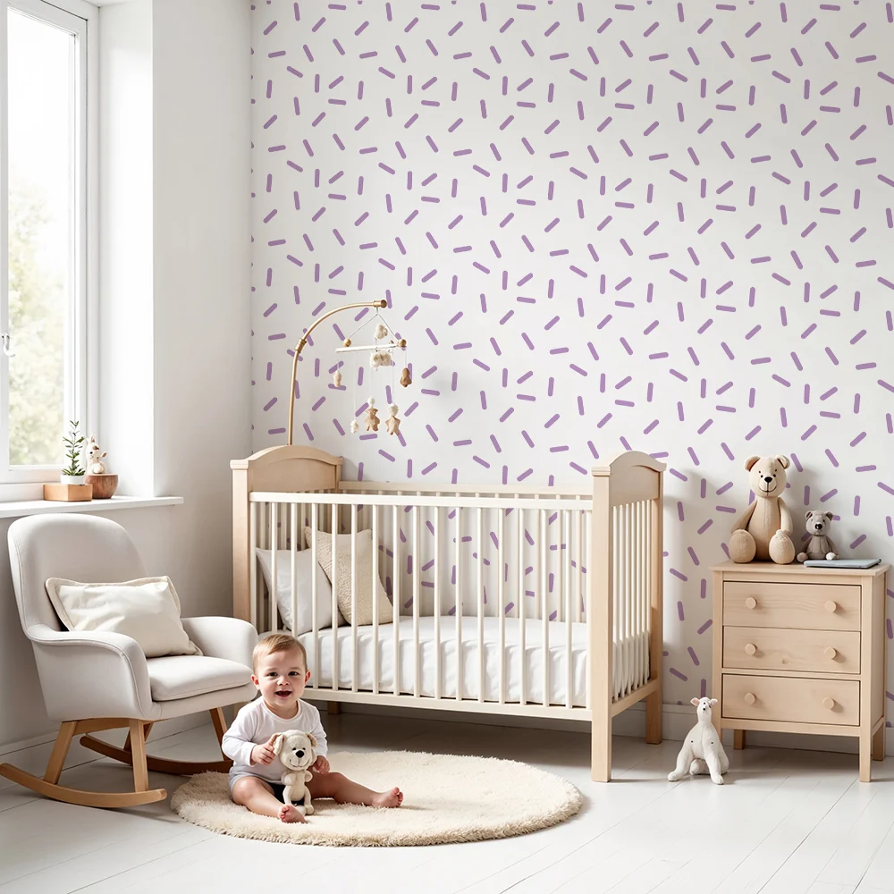 Papel de parede quarto bebê | Delicado padrão de linhas violetas em fundo branco