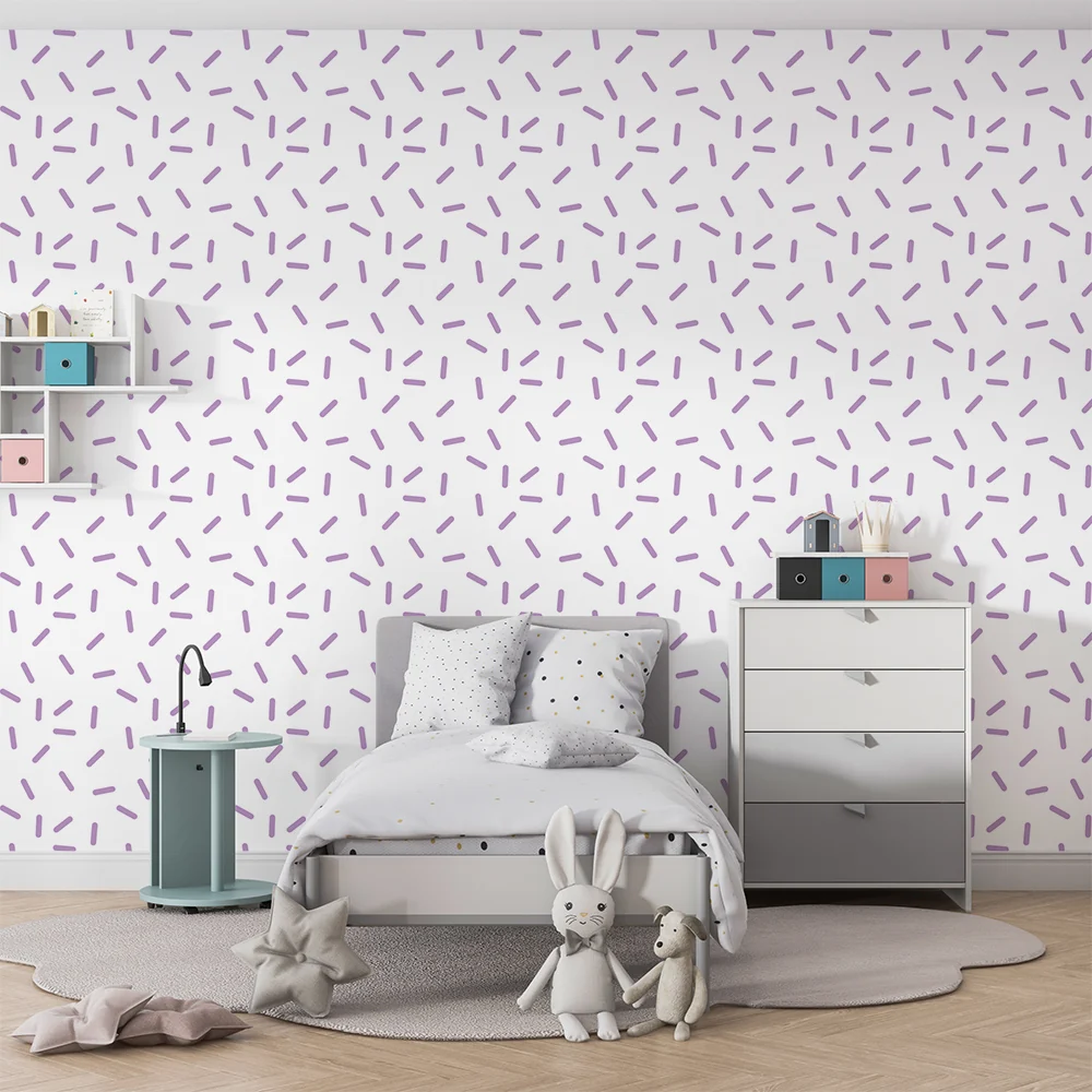 Papel de parede quarto bebê | Delicado padrão de linhas violetas em fundo branco