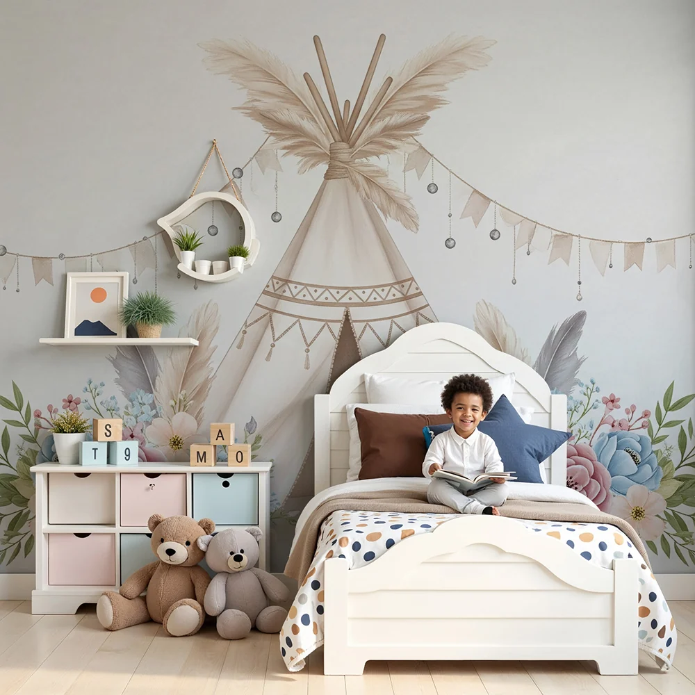 Papel de parede quarto bebê | Delicado tipi cercado por flores pastel e grinaldas