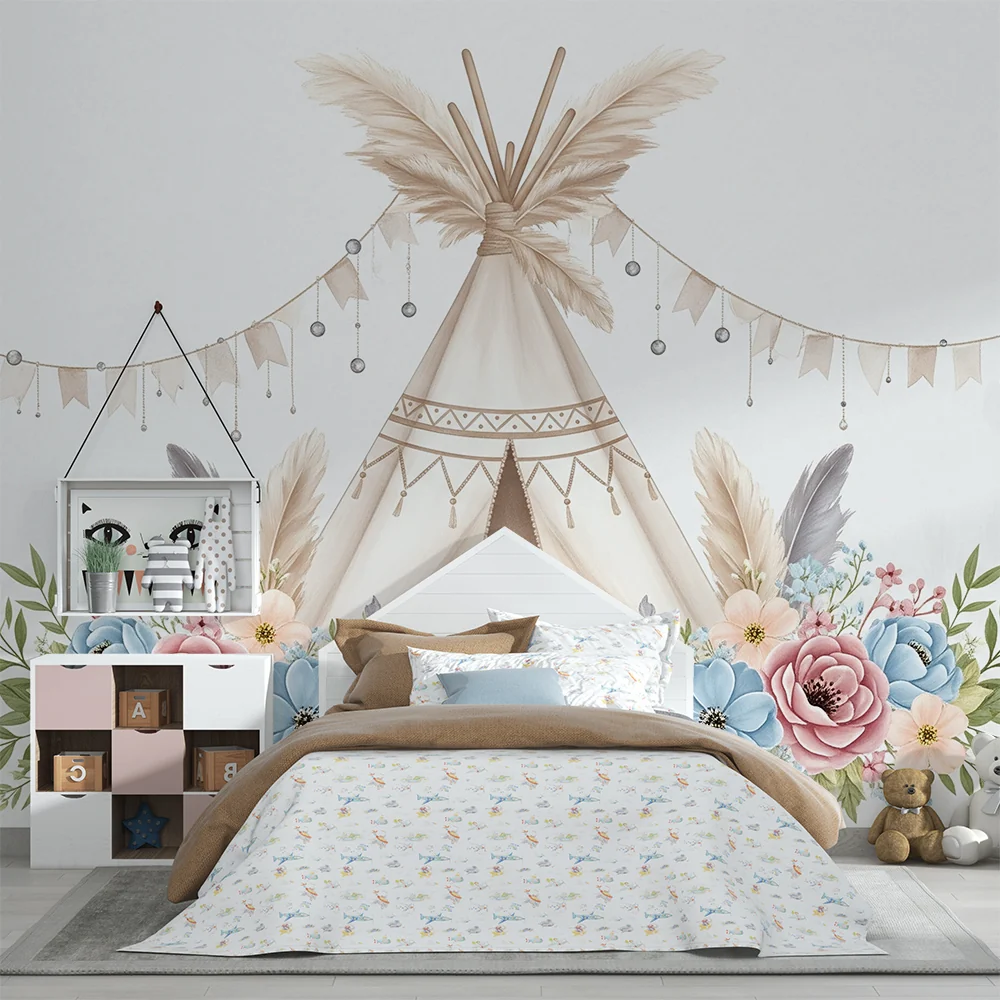 Papel de parede quarto bebê | Delicado tipi cercado por flores pastel e grinaldas