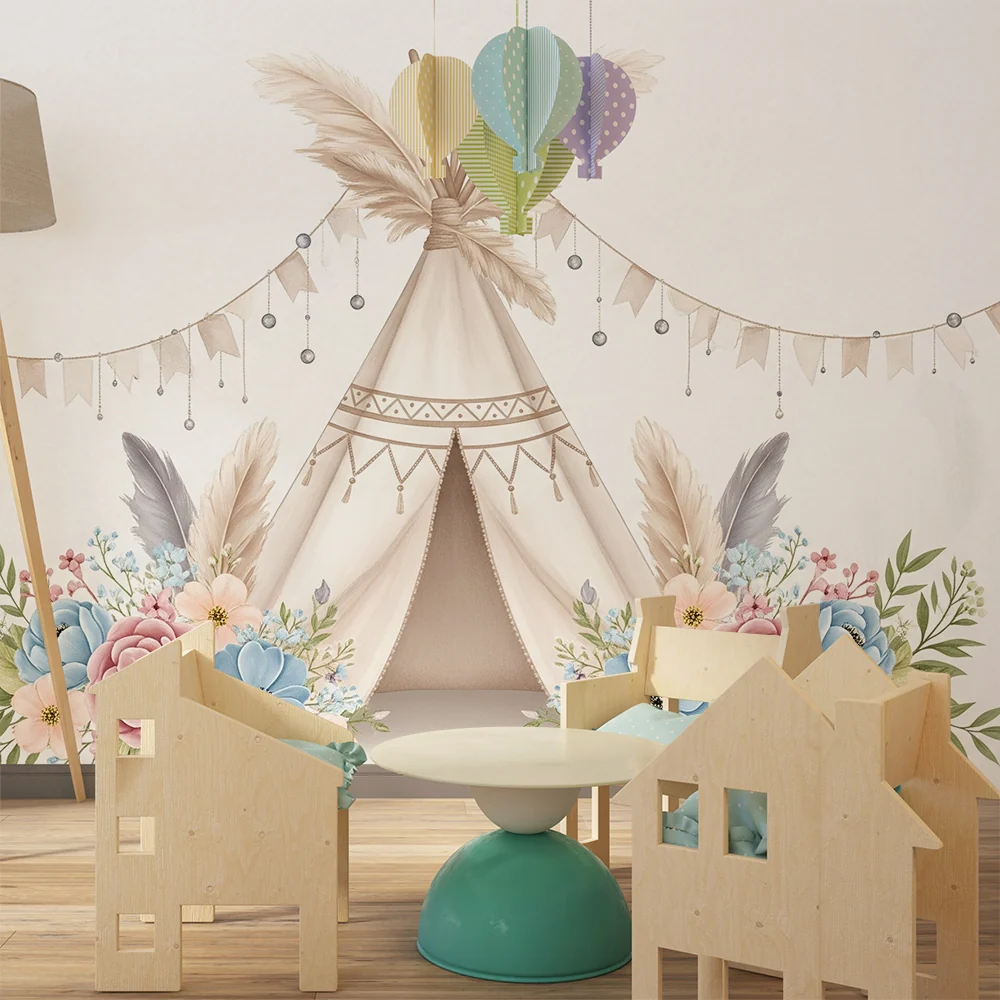 Papel de parede quarto bebê | Delicado tipi cercado por flores pastel e grinaldas