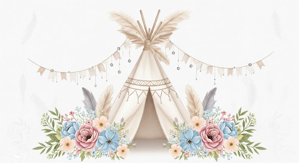 Papel de parede quarto bebê | Delicado tipi cercado por flores pastel e grinaldas