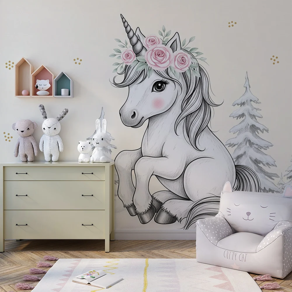 Papel de parede quarto bebê | Delicado unicórnio e floresta nevada