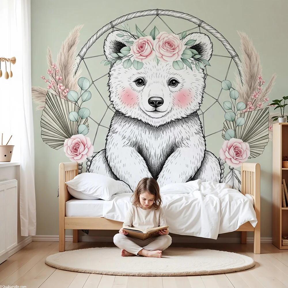 Papel de parede quarto bebê | Delicado urso e flores
