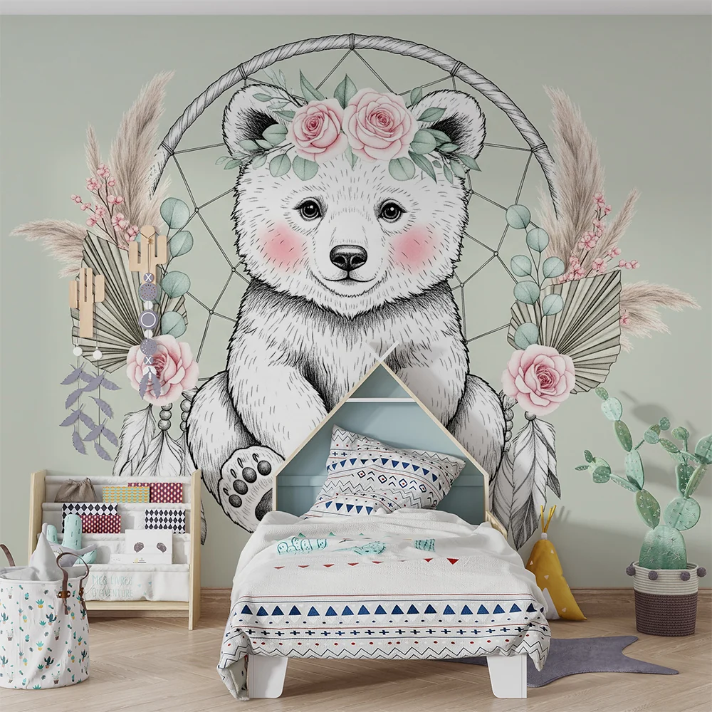 Papel de parede quarto bebê | Delicado urso e flores