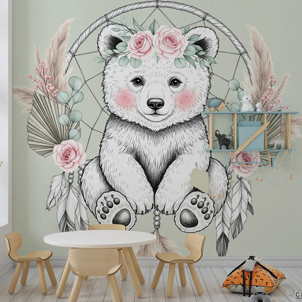 Papel de parede quarto bebê | Delicado urso e flores