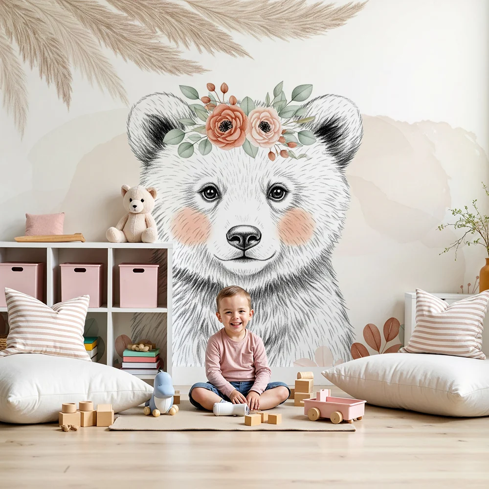 Papel de parede quarto bebê | Delicado urso com flores