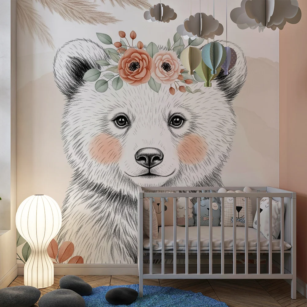 Papel de parede quarto bebê | Delicado urso com flores