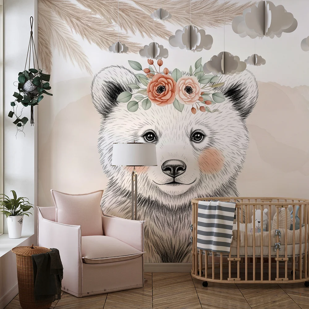 Papel de parede quarto bebê | Delicado urso com flores