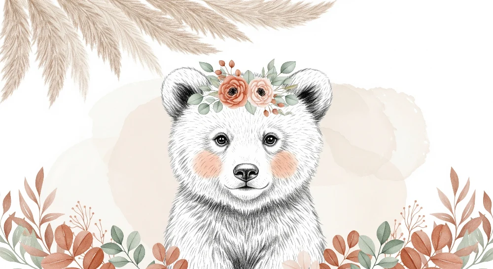 Papel de parede quarto bebê | Delicado urso com flores