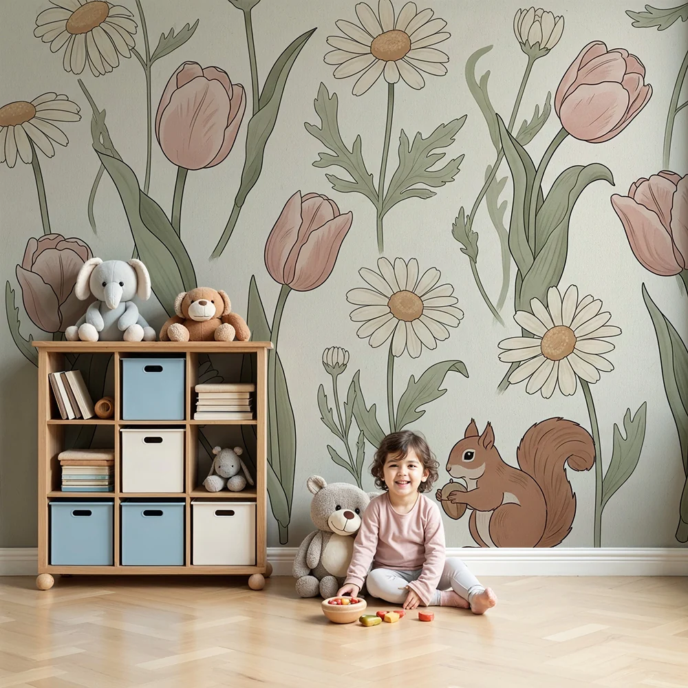 Papel de parede quarto bebê | Delicados elementos florais com um esquilo travesso