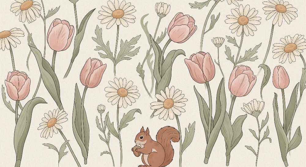 Papel de parede quarto bebê | Delicados elementos florais com um esquilo travesso