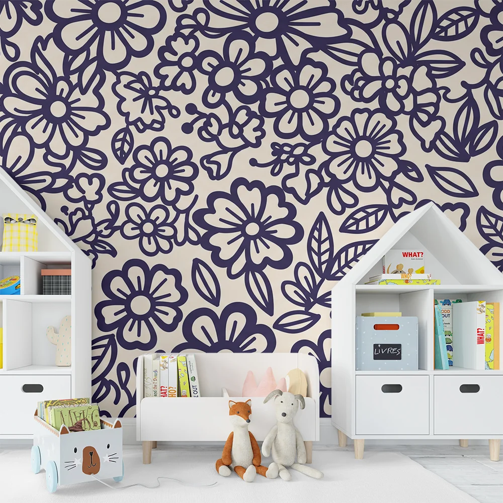 Papel de parede quarto bebê | Delicados padrões florais em fundo creme