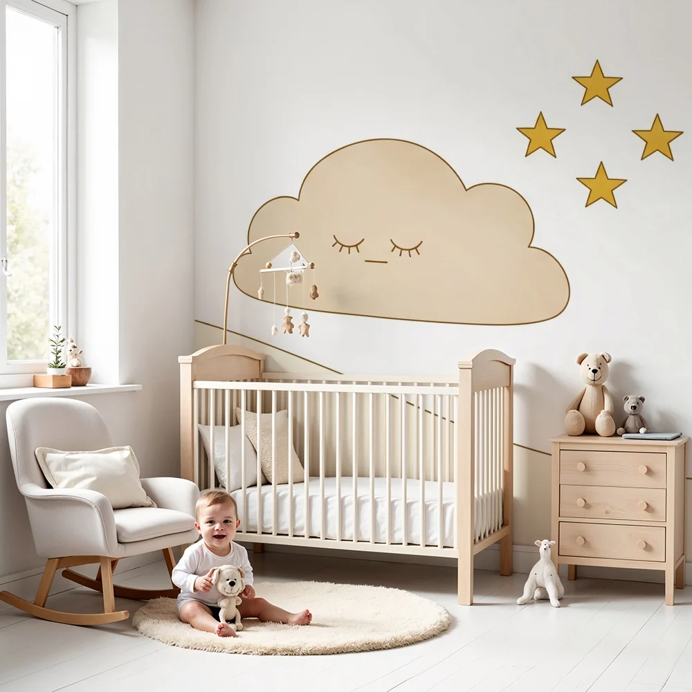 Papel de parede quarto bebê | Dormindo nuvem e estrelas douradas