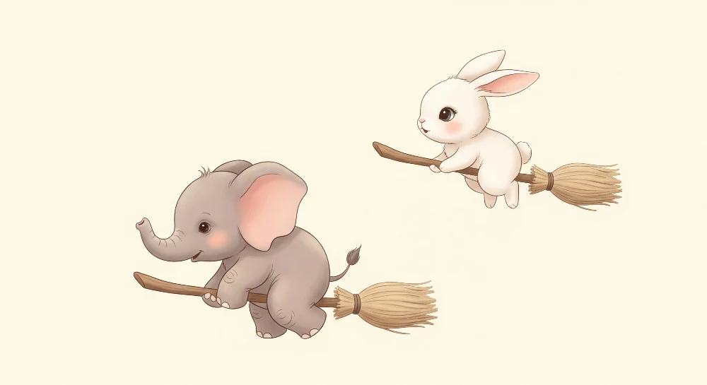 Papel de parede quarto bebê | Elefante e coelho em vassouras encantadas