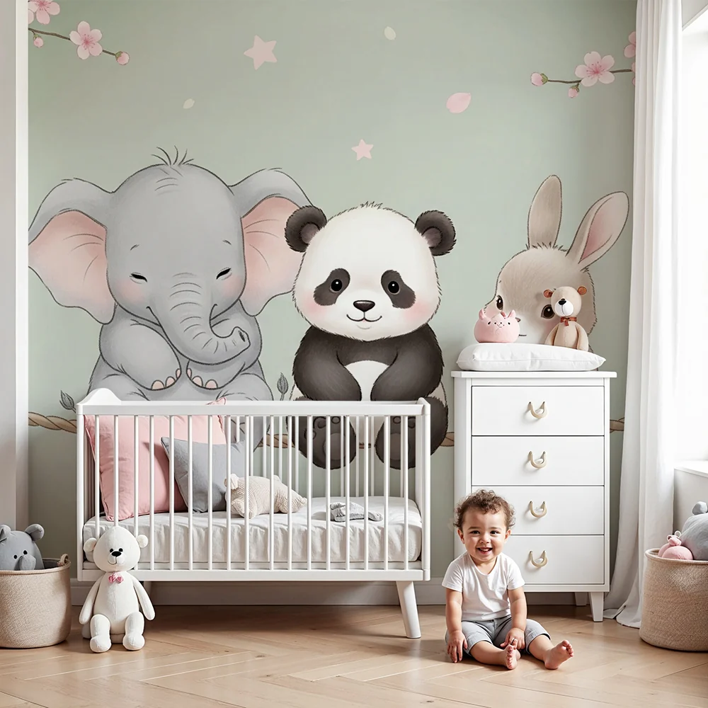 Papel de parede quarto bebê | Elefante, panda e coelho bonitos