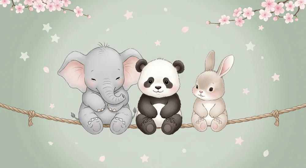 Papel de parede quarto bebê | Elefante, panda e coelho bonitos