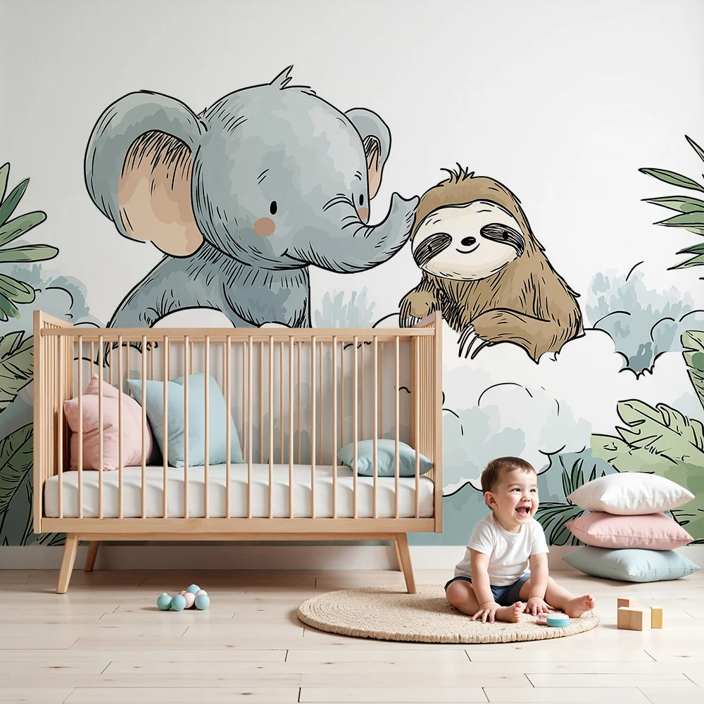 Papel de parede quarto bebê | Elefante e preguiçoso em uma nuvem de suavidade