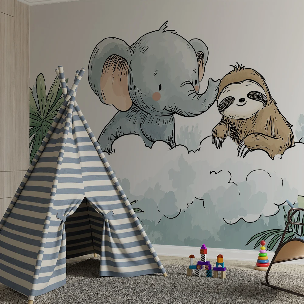 Papel de parede quarto bebê | Elefante e preguiçoso em uma nuvem de suavidade