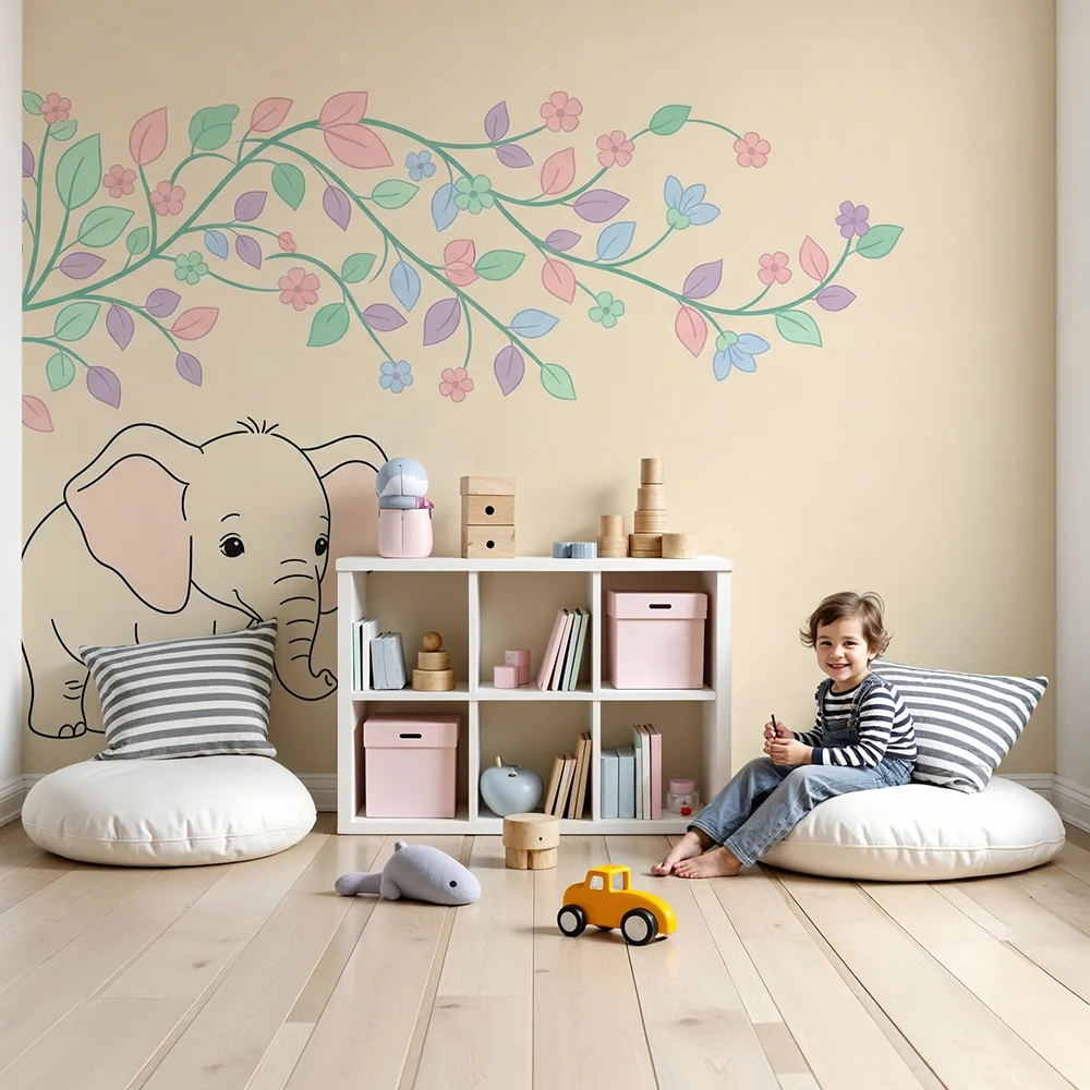 Papel de parede quarto bebê | Elegante elefante e folhagem pastel