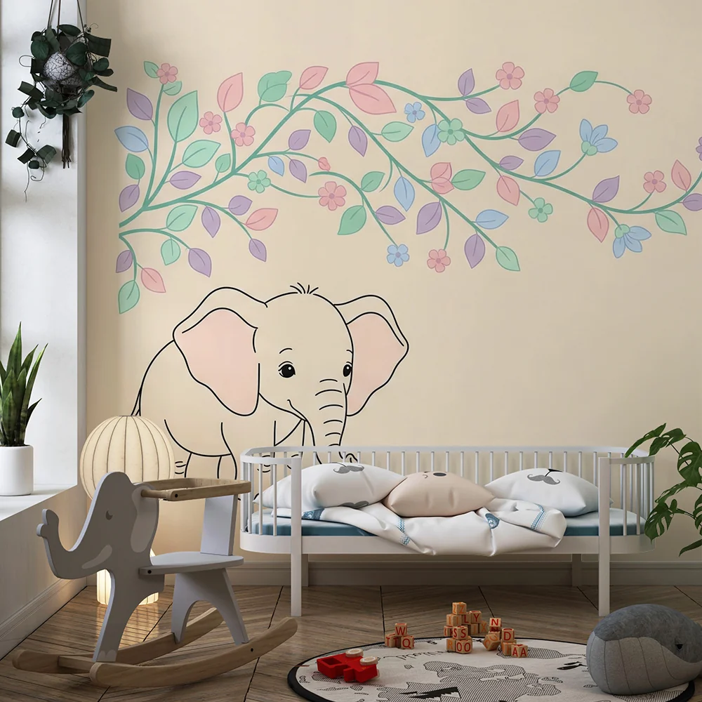 Papel de parede quarto bebê | Elegante elefante e folhagem pastel