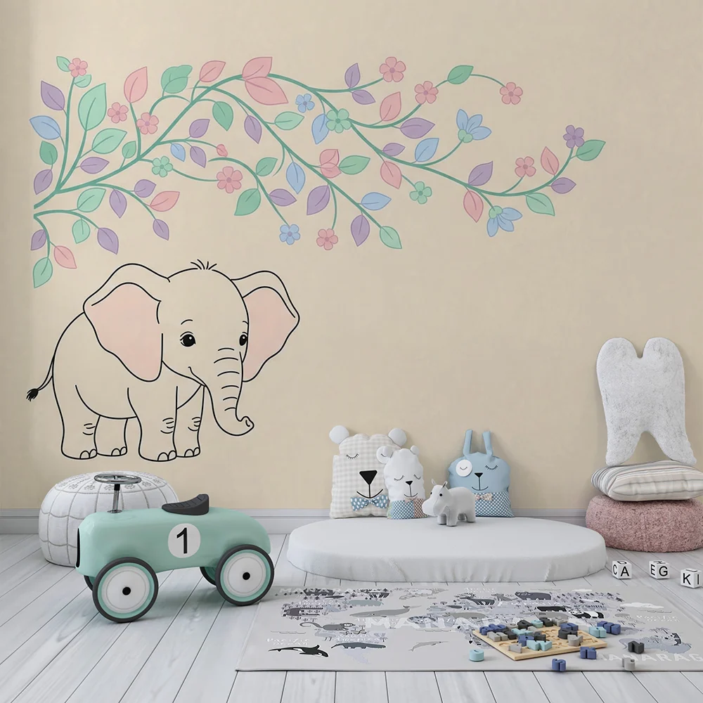Papel de parede quarto bebê | Elegante elefante e folhagem pastel