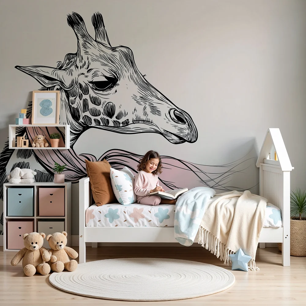Papel de parede quarto bebê | Elegante girafa com cachecol rosa em fundo suave