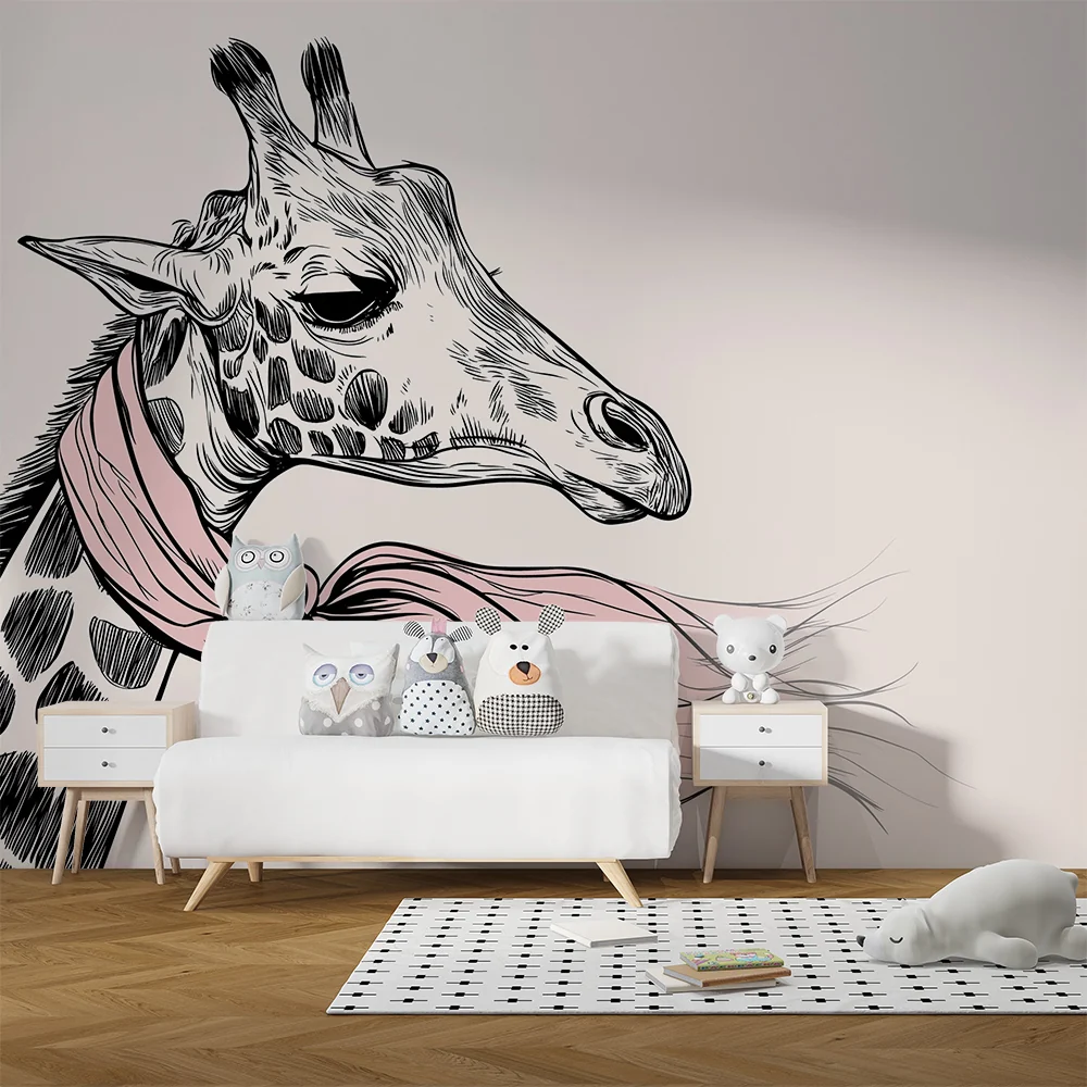 Papel de parede quarto bebê | Elegante girafa com cachecol rosa em fundo suave