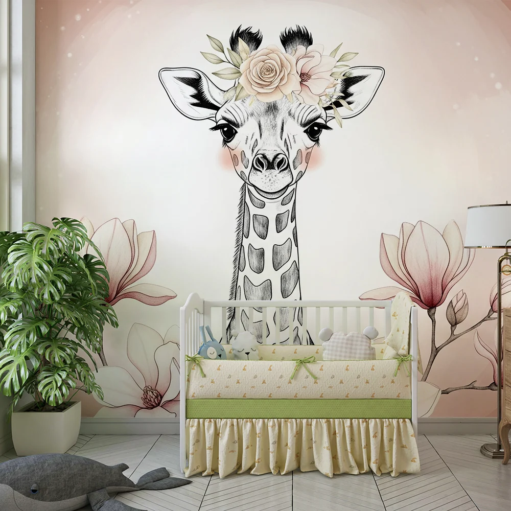 Papel de parede quarto bebê | Elegante girafa e flores delicadas