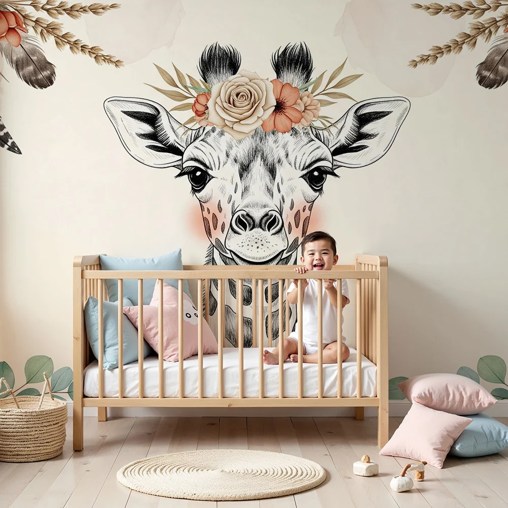 Papel de parede quarto bebê | Elegante girafa com flores