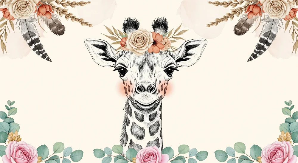 Papel de parede quarto bebê | Elegante girafa com flores