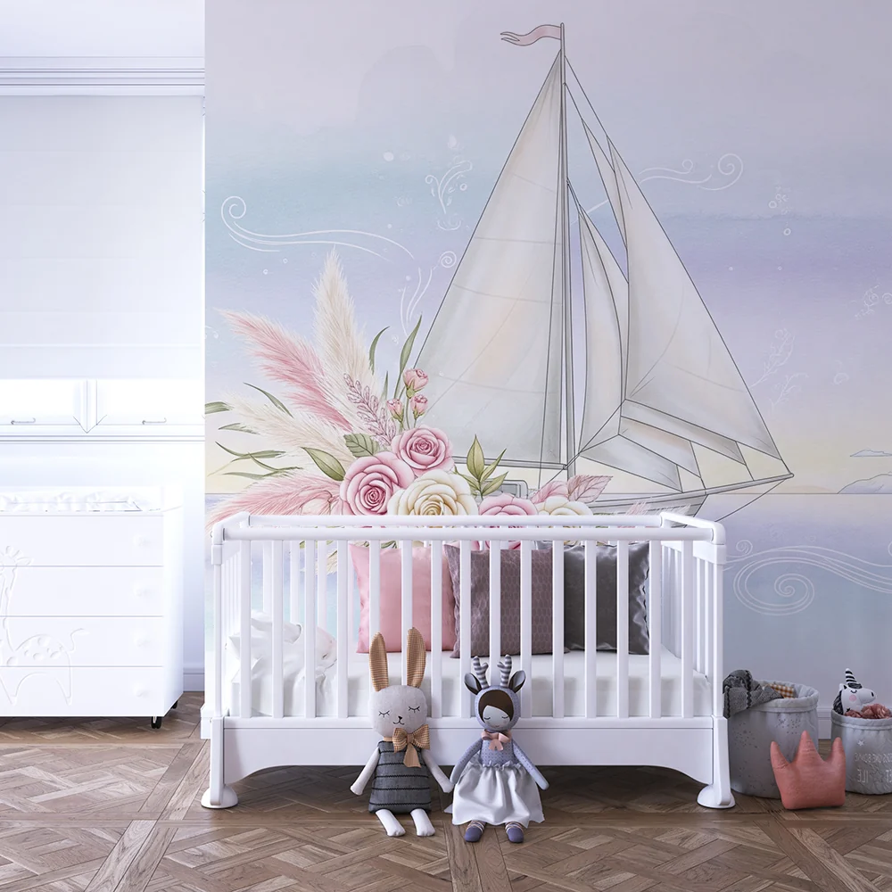Papel de parede quarto bebê | Elegante veleiro com flores pastel