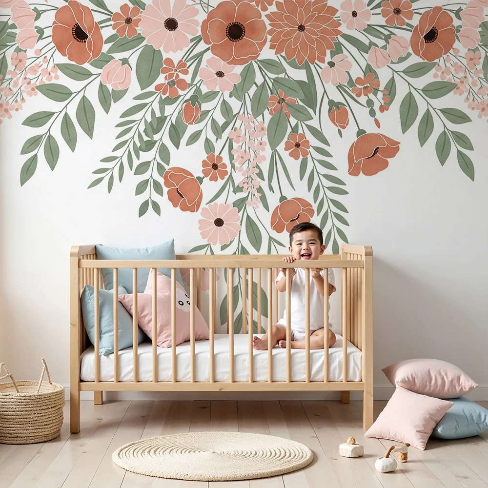 Papel de parede quarto bebê | Elegantes flores pastel e folhagem delicada