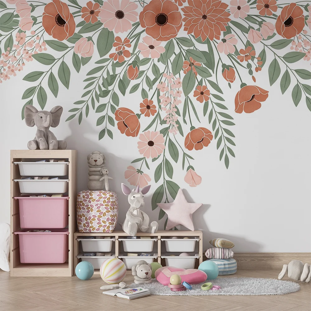 Papel de parede quarto bebê | Elegantes flores pastel e folhagem delicada