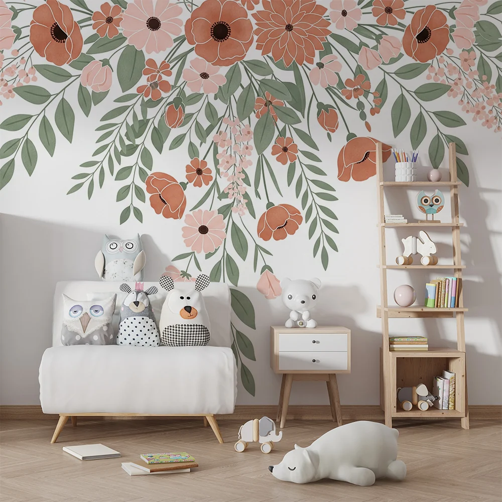 Papel de parede quarto bebê | Elegantes flores pastel e folhagem delicada